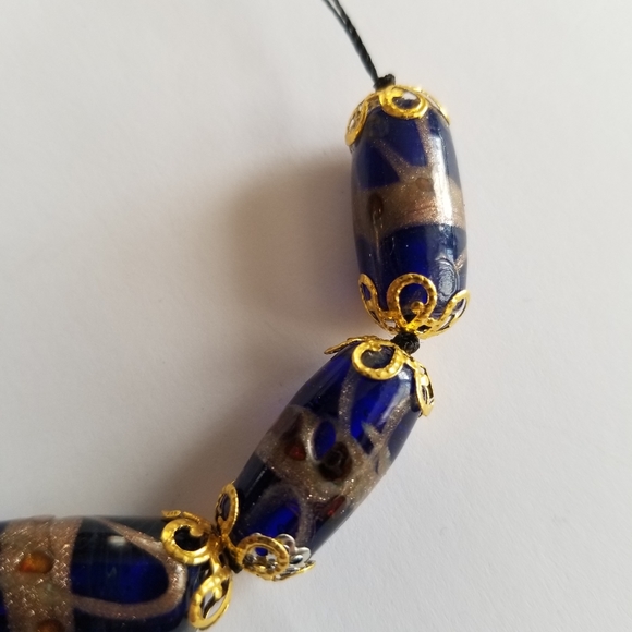 Handmade beaded bracelet cobalt blue art glass beads gold tone black cord - Picture 11 of 11